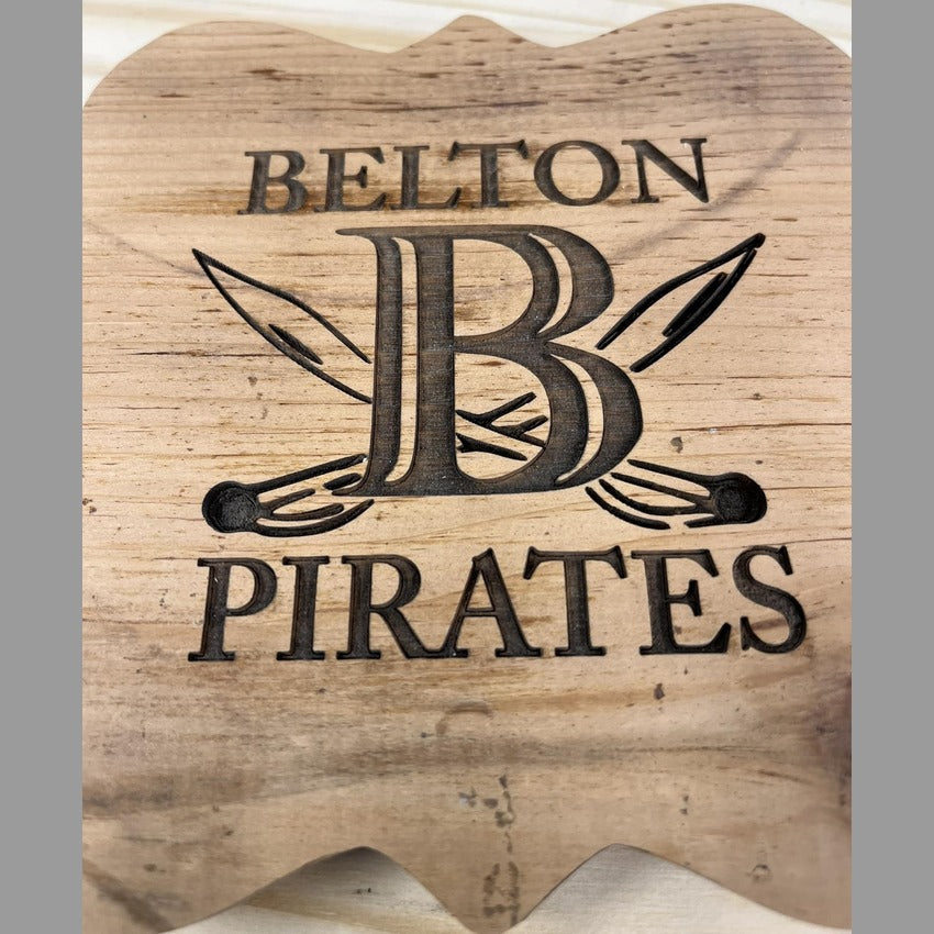 Personalized wood sign decor by Artisan Branding Company. Belton Pirates