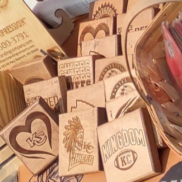 Handcrafted unique Chiefs wood coasters by Artisan Branding Company.