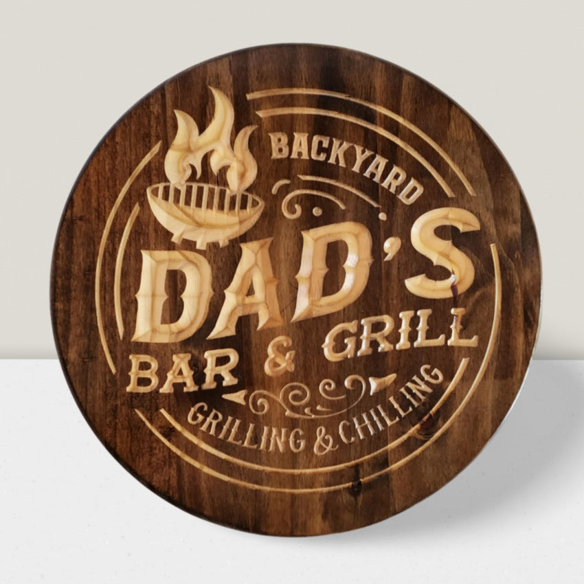 Personalized wood sign decor by Artisan Branding Company. Dad's Backyard Bar Grill
