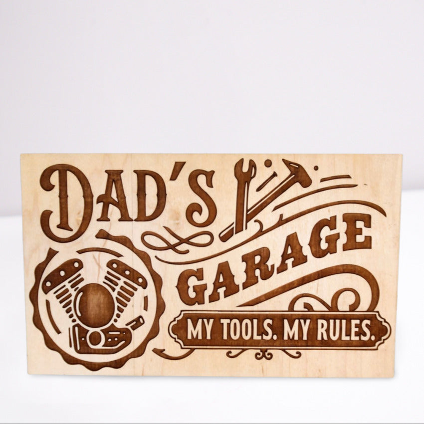 Personalized wood sign decor by Artisan Branding Company. Rectangular Dad's Garage