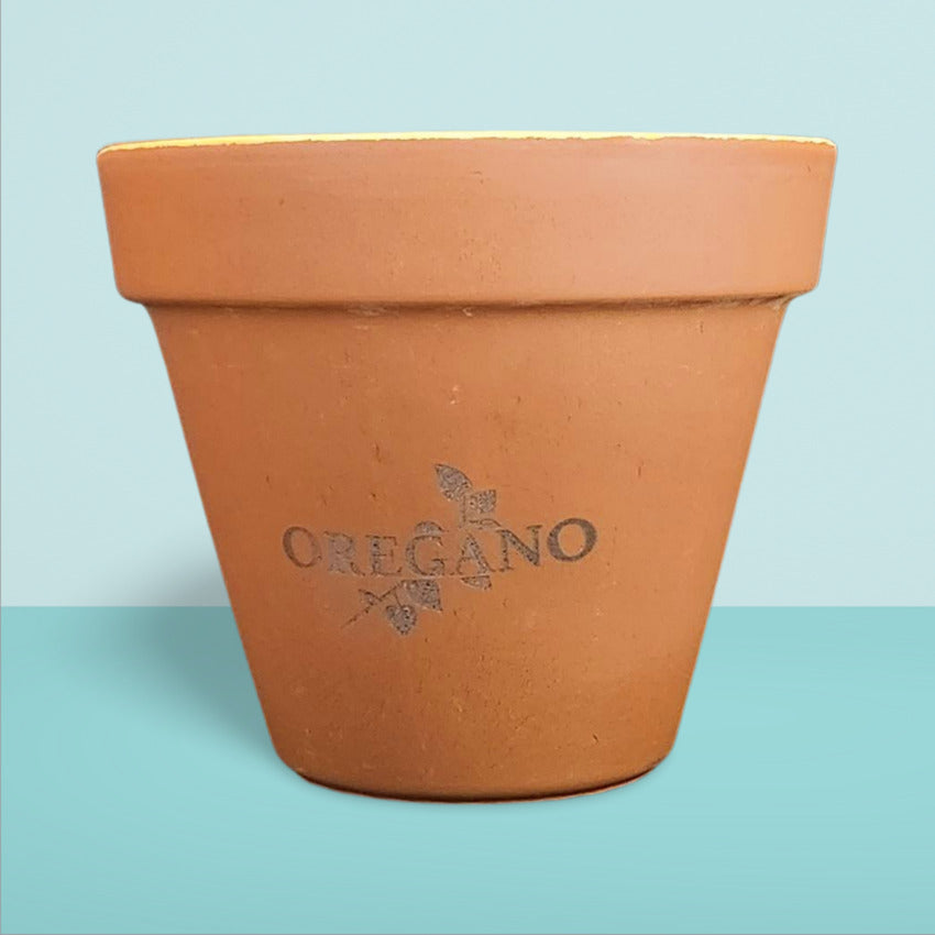Custom terra cotta flowerpot oregano engraving by Artisan Branding Company.