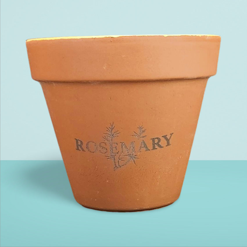 Custom terra cotta flowerpot rosemary engraving by Artisan Branding Company.
