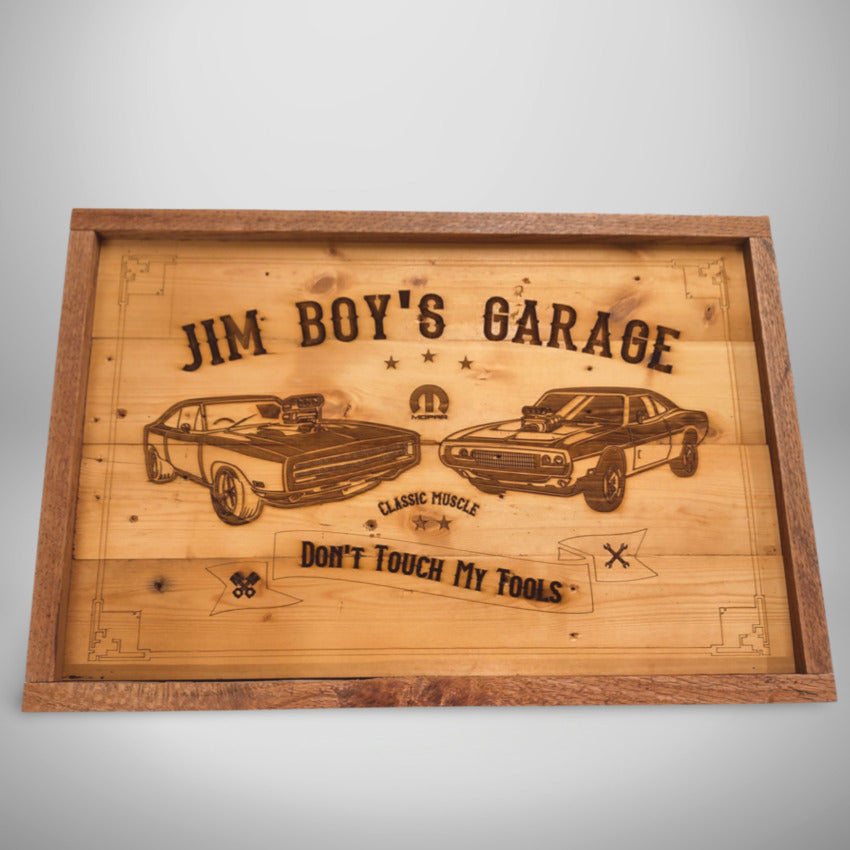 Personalized wood sign decor by Artisan Branding Company. Jim Boy's Garage
