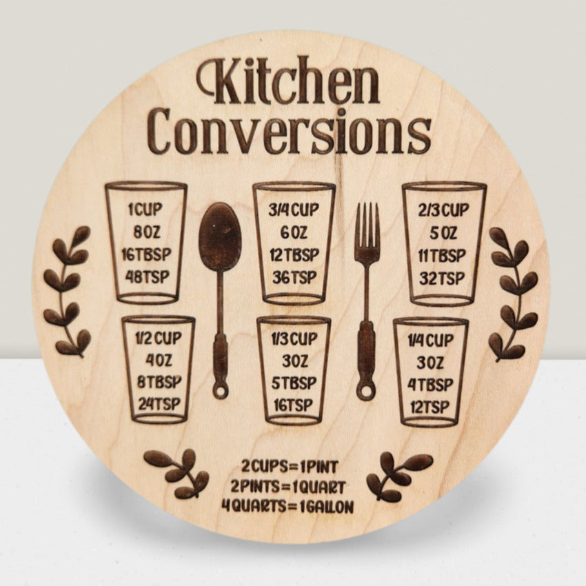 Round laser engraved wood kitchen conversions by Artisan Branding Company.