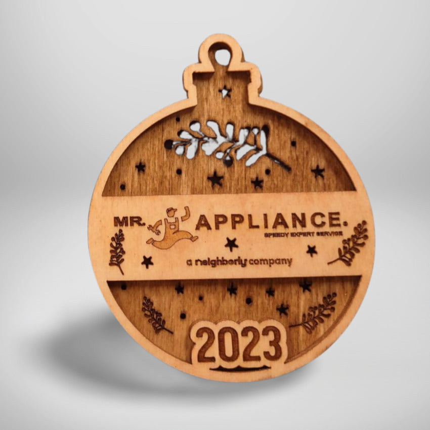 Wooden company branded ornament by Artisan Branding Company. Top 3d