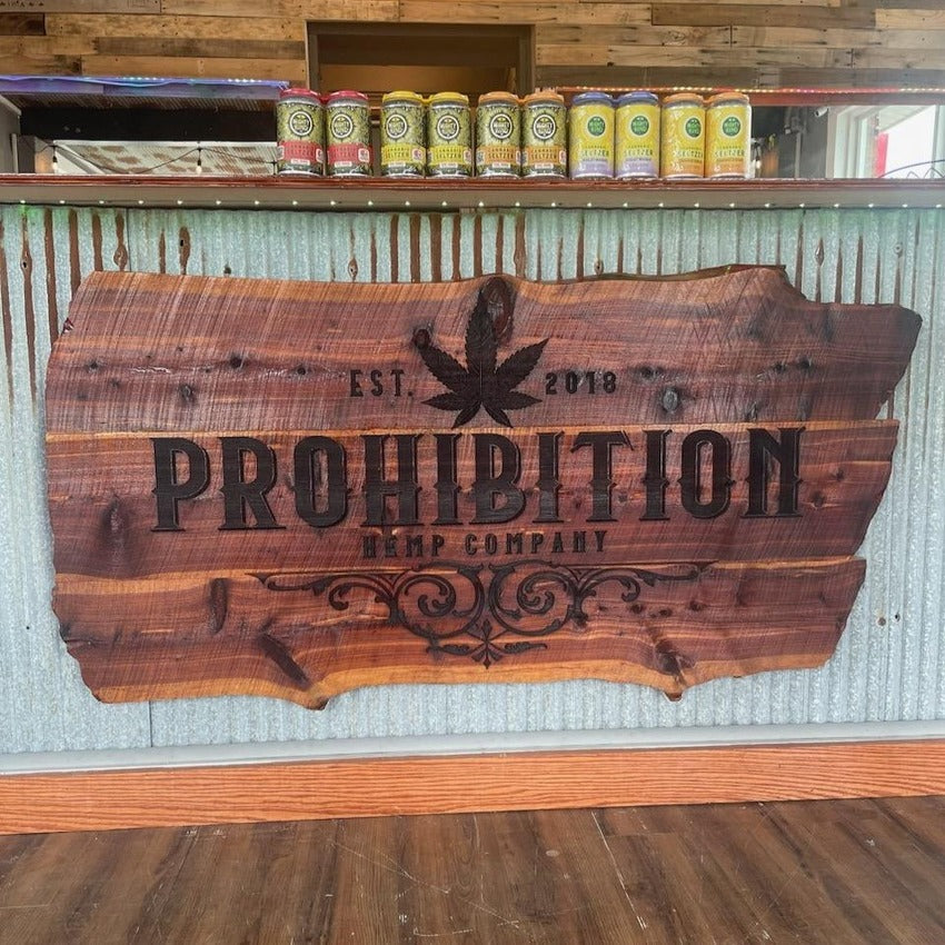 Custom wooden business sign handcrafted by Artisan Branding Company. Prohibition