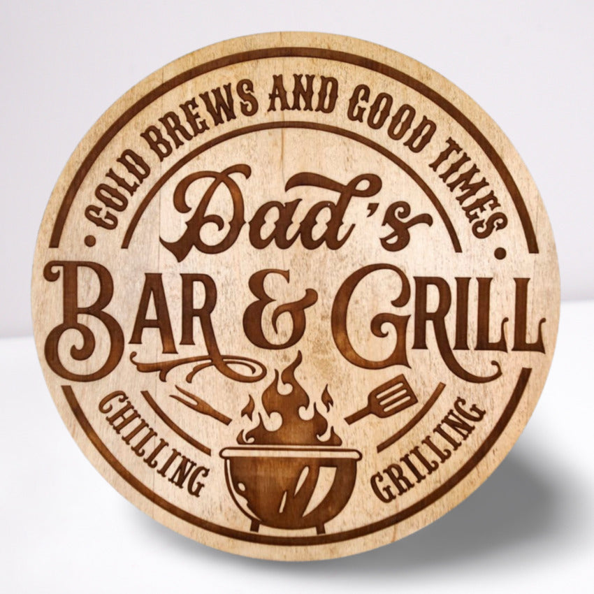 Personalized wood sign decor by Artisan Branding Company. Round Dad Bar Grill