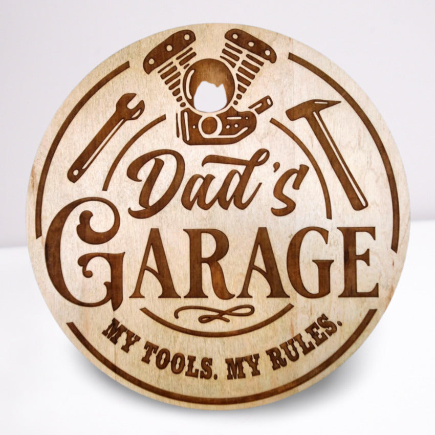 Personalized wood sign decor by Artisan Branding Company. Round Dad's Garage