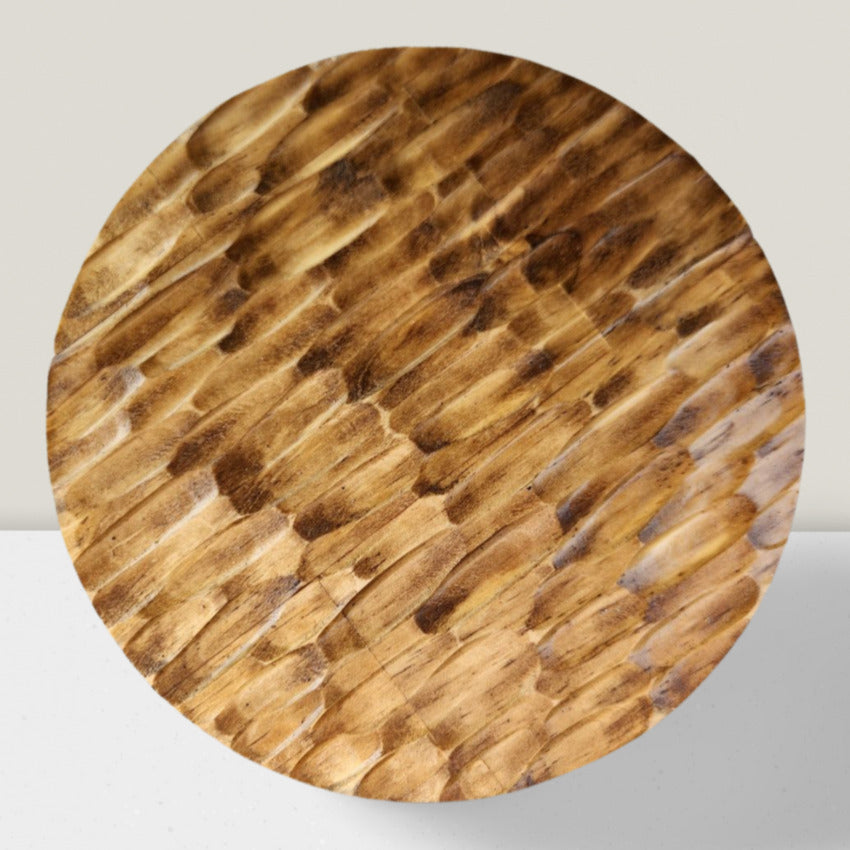 Rustic, chipped, round custom made wood trivet by Artisan Branding Company.