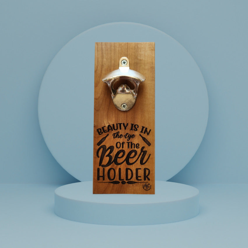 Handcrafted wooden wall mount bottle opener by Artisan Branding Company. Beer Holder