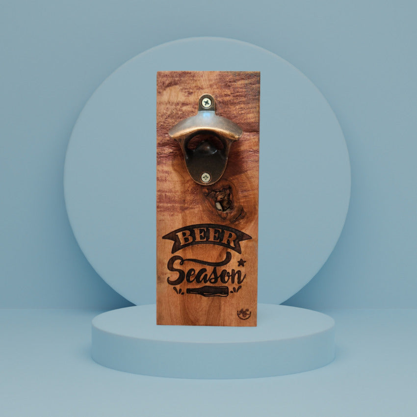 Handcrafted wooden wall mount bottle opener by Artisan Branding Company. Beer Season