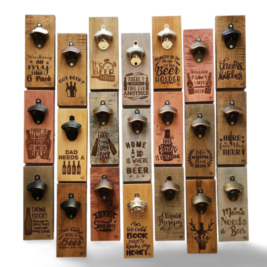 Handcrafted wooden wall mount bottle opener collection by Artisan Branding Company.