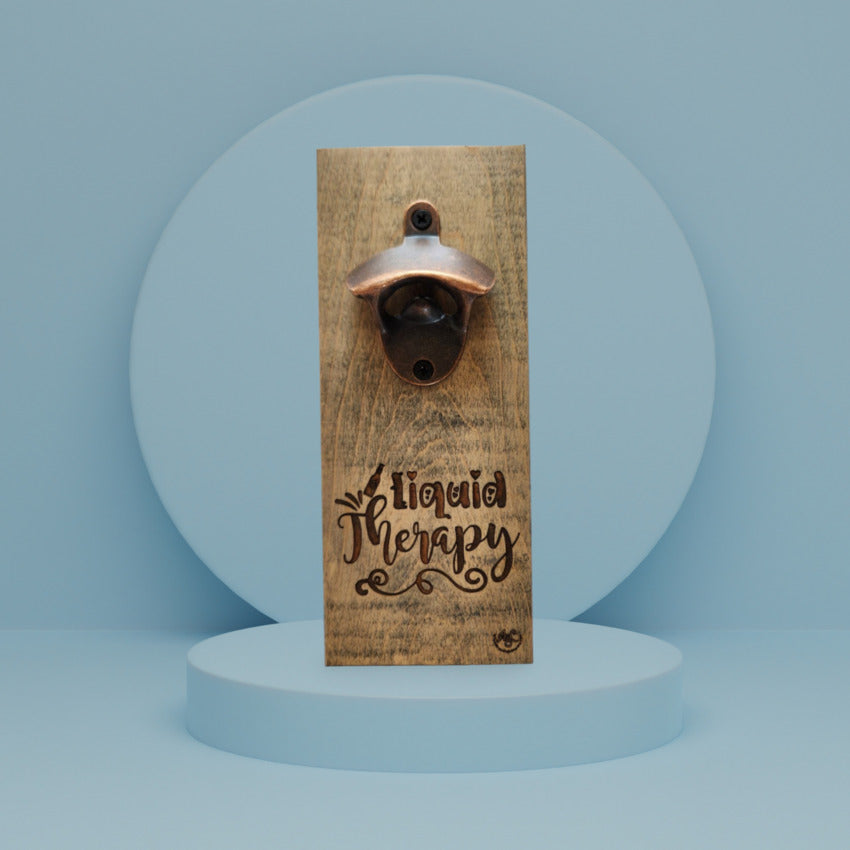 Handcrafted wooden wall mount bottle opener by Artisan Branding Company. Liquid Therapy