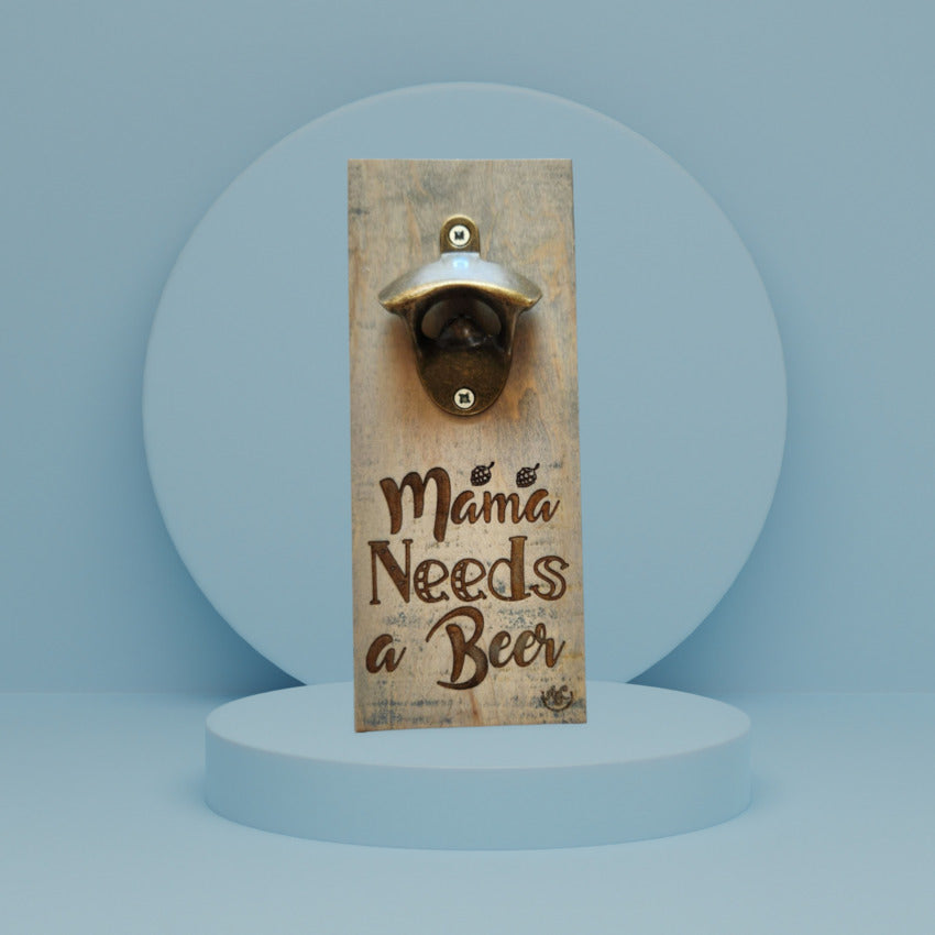 Handcrafted wooden wall mount bottle opener by Artisan Branding Company. Mama Needs Beer