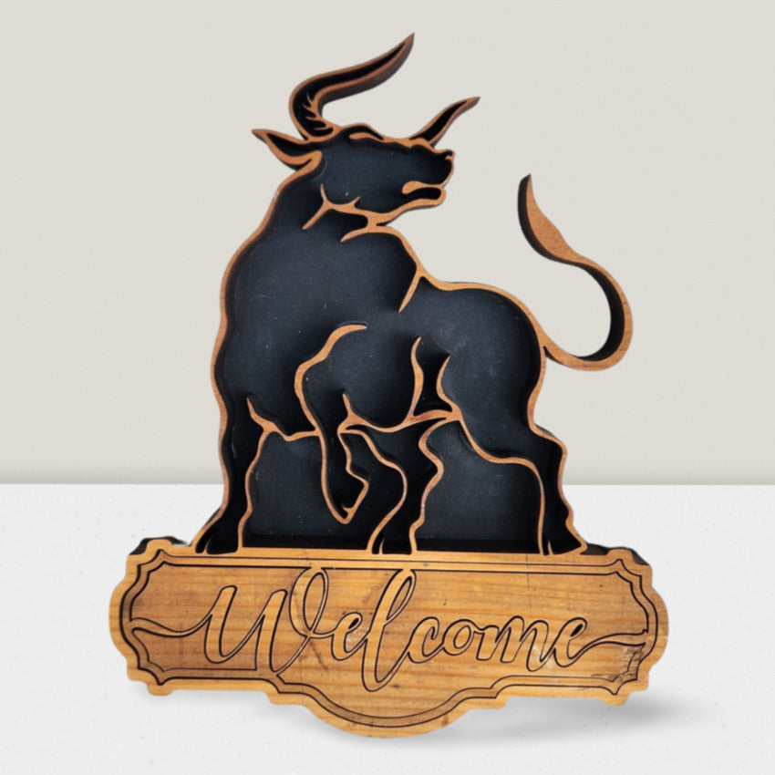 Handcrafted home wall decor by Artisan Branding Company. Bull Welcome