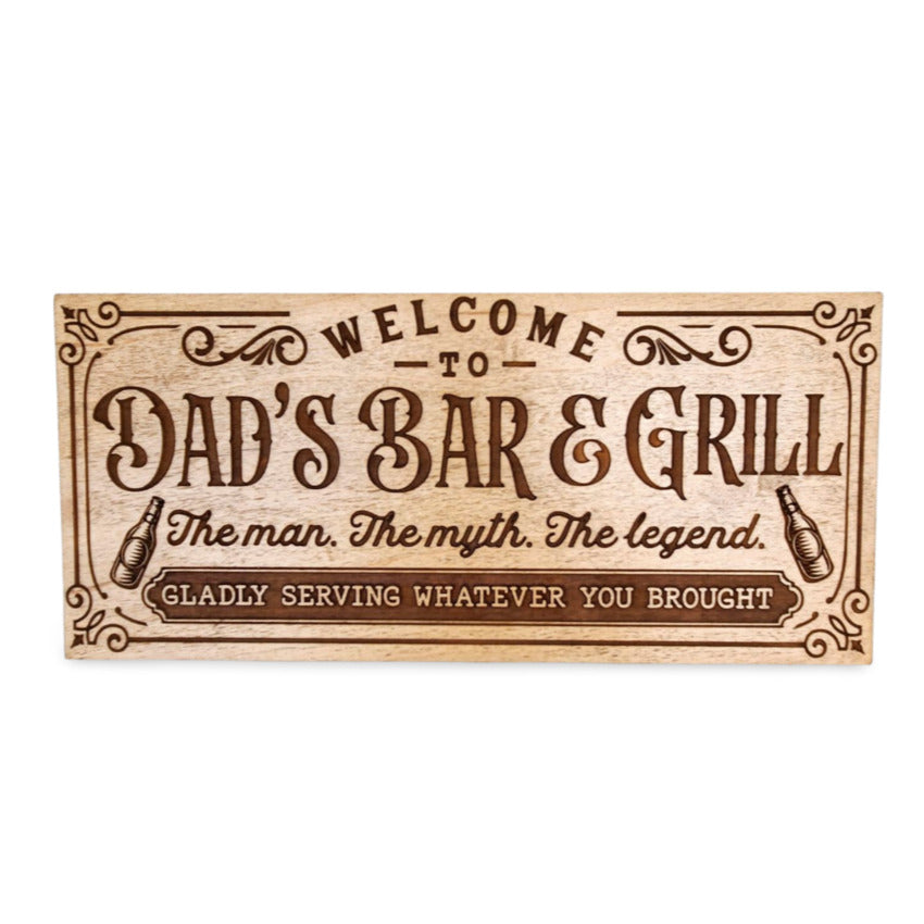 Personalized wood sign decor by Artisan Branding Company. Welcome Dad's Bar Grill