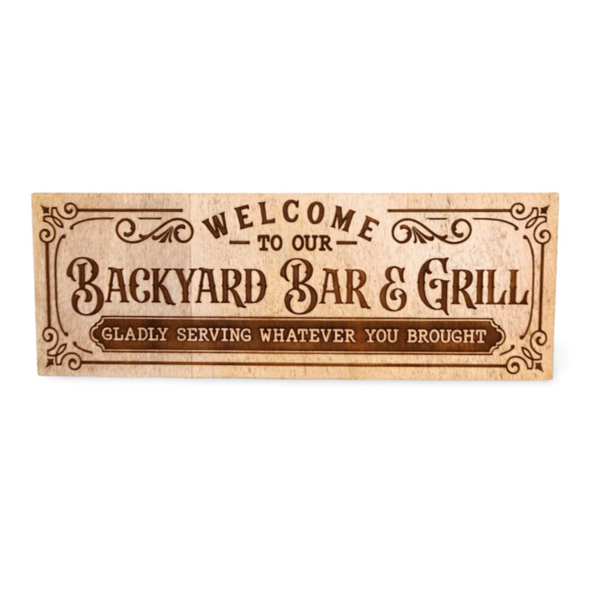 Personalized wood sign decor by Artisan Branding Company. Welcome our Backyard