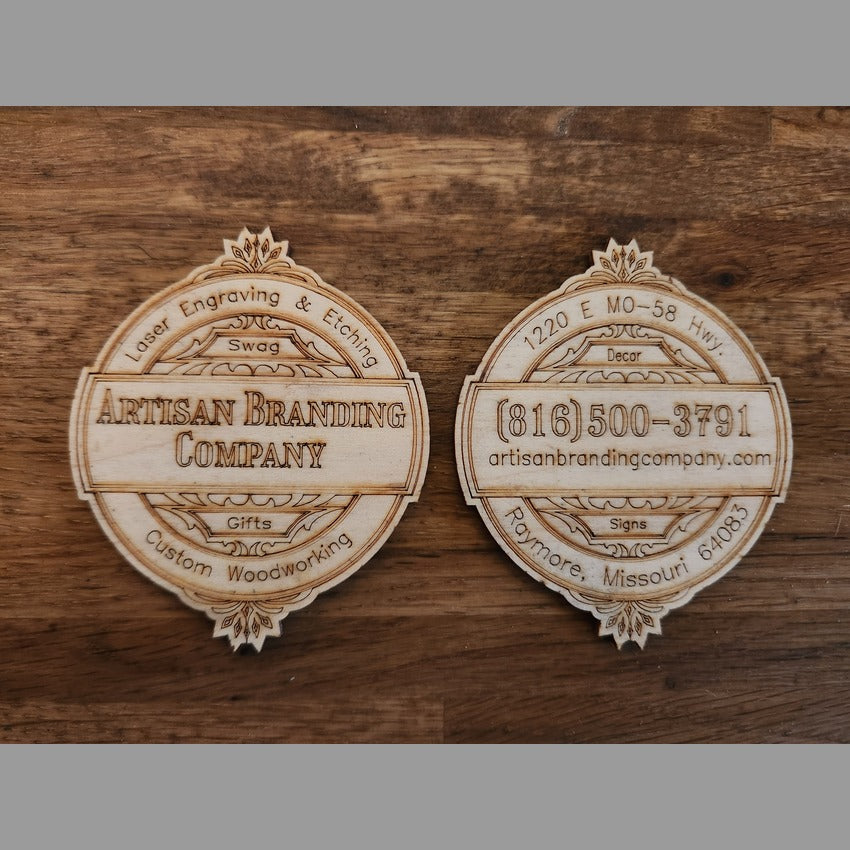 Artisan Branding Company signature double sided custom wood business tokens.