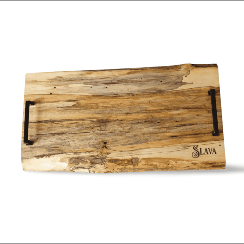 Live edge custom engraved serving tray by Artisan Branding Company. Spalted Maple