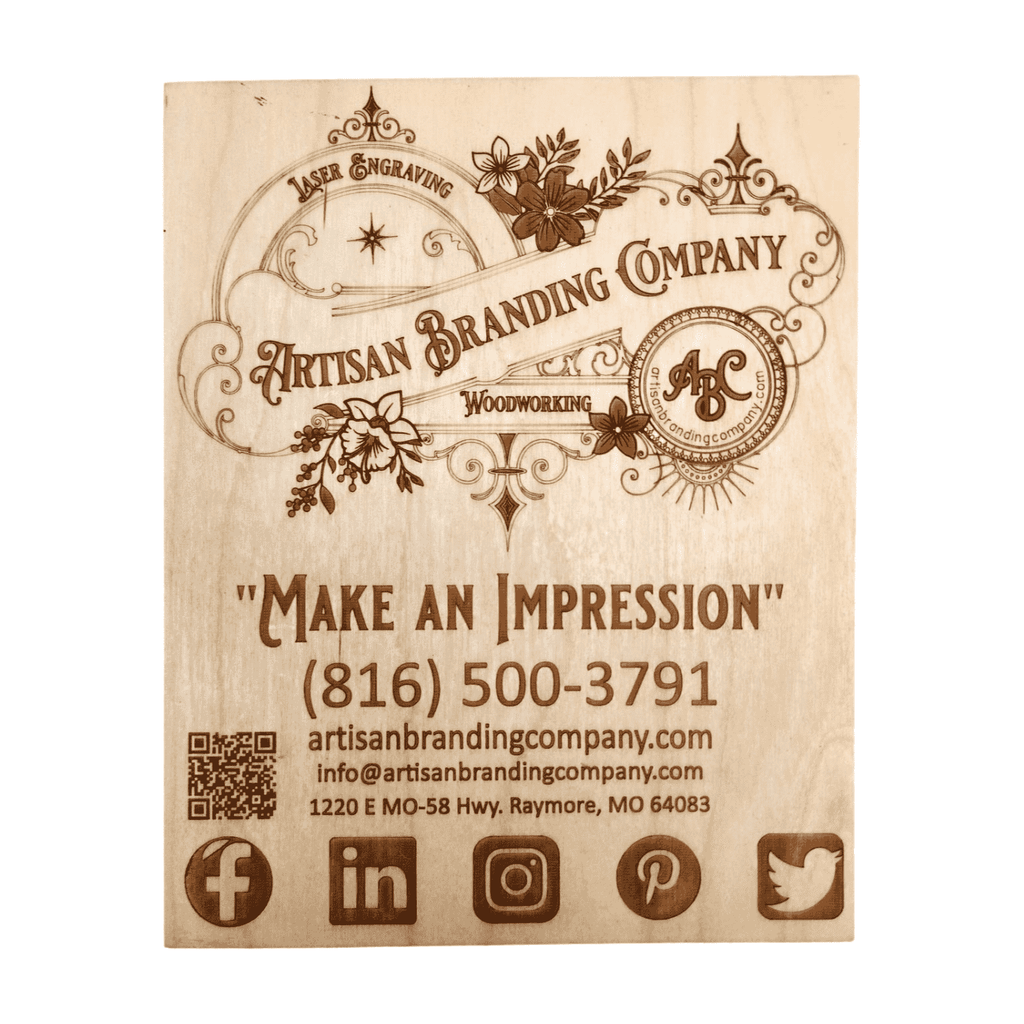 Table top business sign includes contact and social media by Artisan Branding Company.