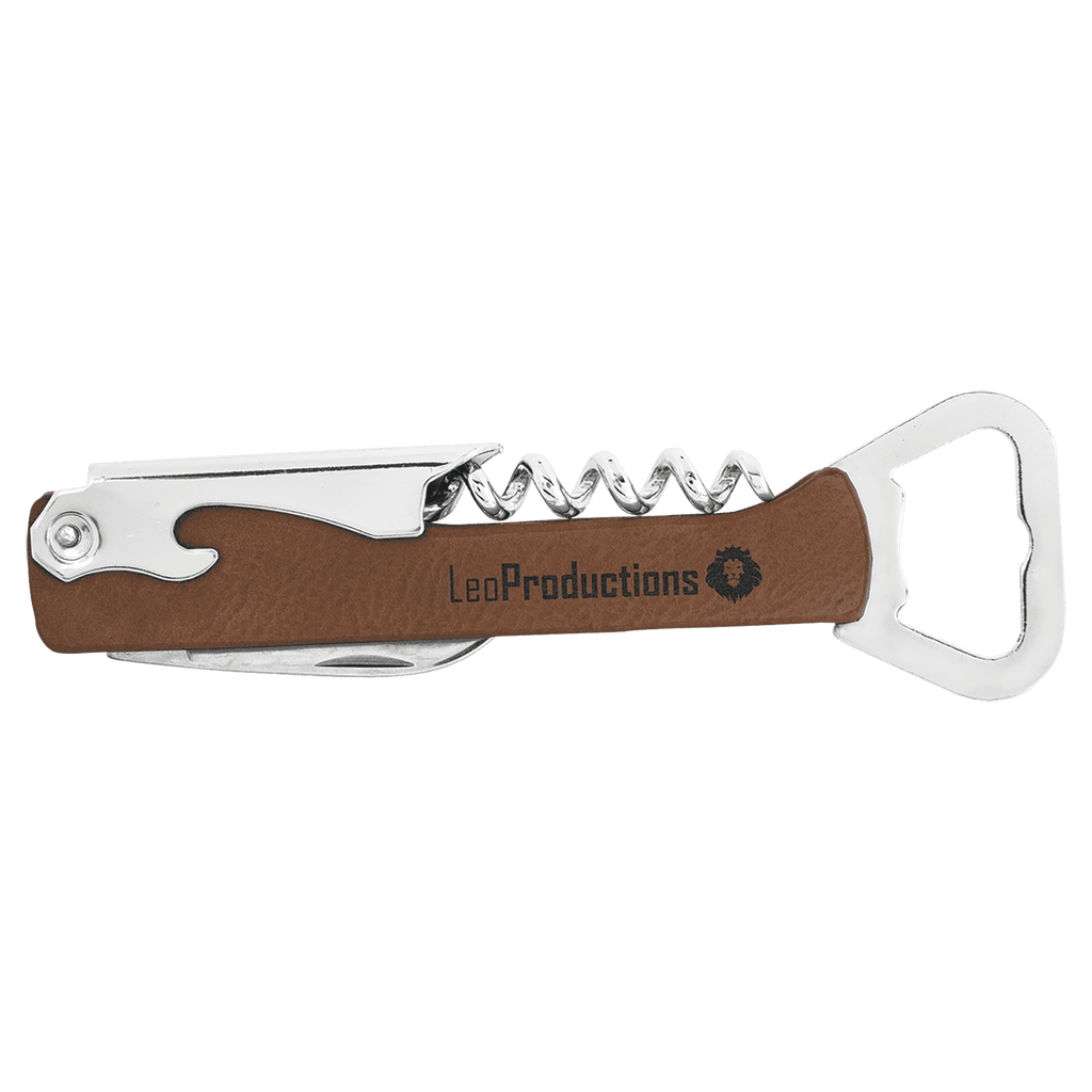 Wine Bottle Opener Leatherette Dark Brown w/Black Engraving at Artisan Branding Company