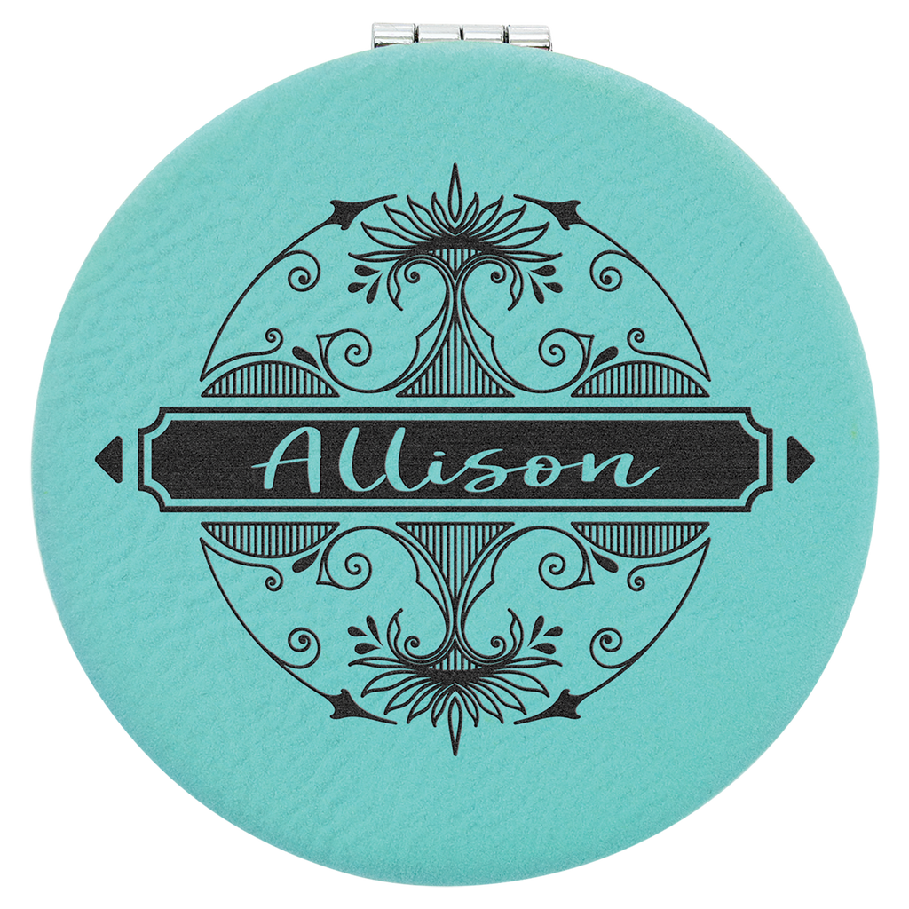 Compact Mirror Leatherette 2 1/2" Teal w/Black Engraving at Artisan Branding Company