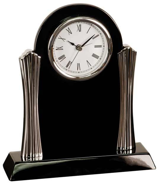 Black Piano Finish Clock with Silver Columns 8 1/4" x 7 1/2" at Artisan Branding Company