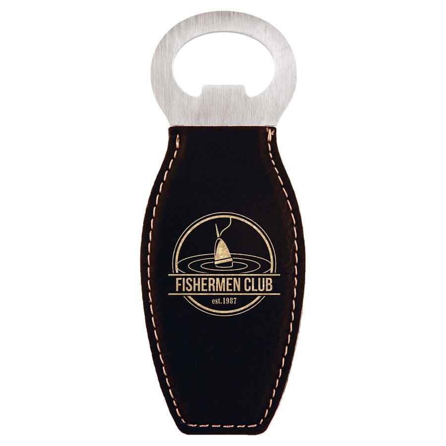 Bottle Opener Leatherette w/Magnet Black w/Gold Engraving at Artisan Branding Company