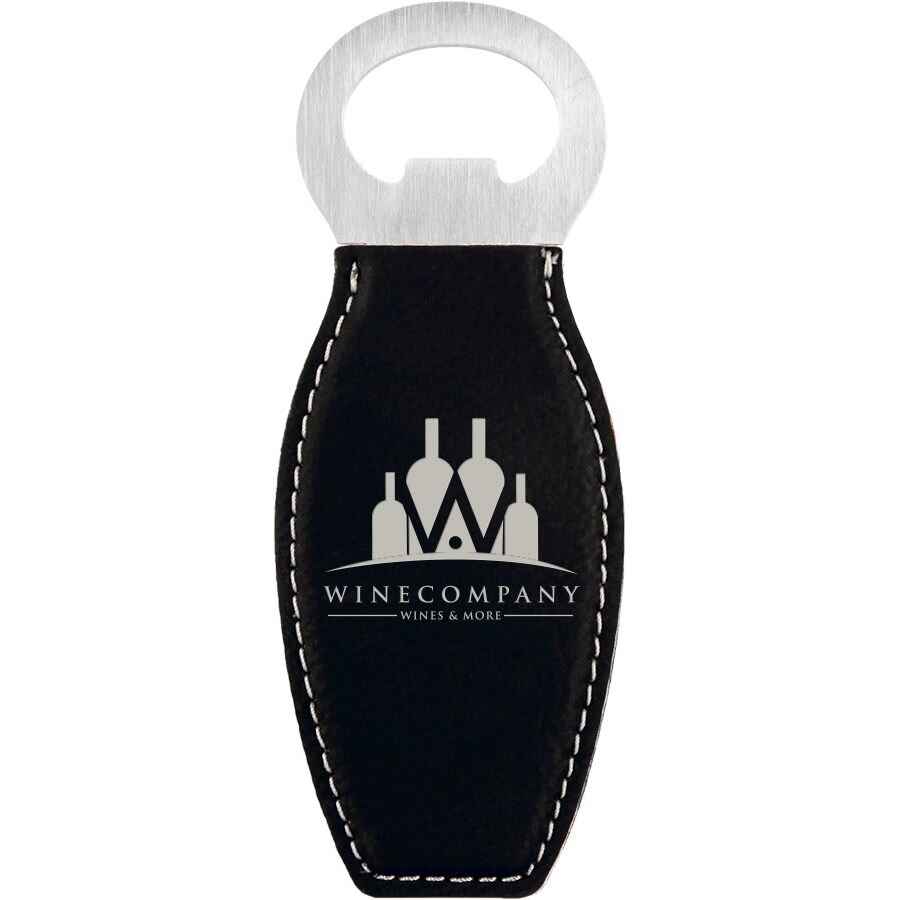 Bottle Opener Leatherette w/Magnet Black w/Silver Engraving at Artisan Branding Company