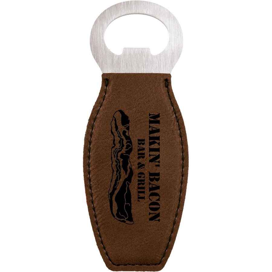 Bottle Opener Leatherette w/Magnet Dark Brown w/Black Engraving at Artisan Branding Company