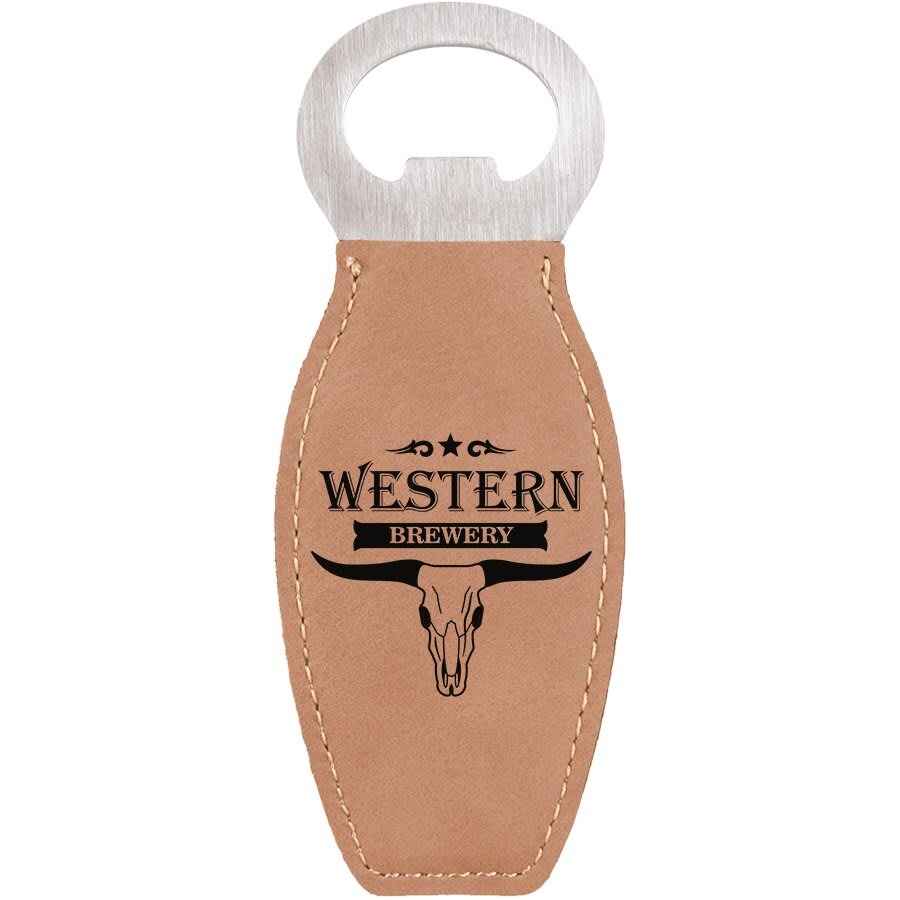 Bottle Opener Leatherette w/Magnet Light Brown w/Black Engraving at Artisan Branding Company