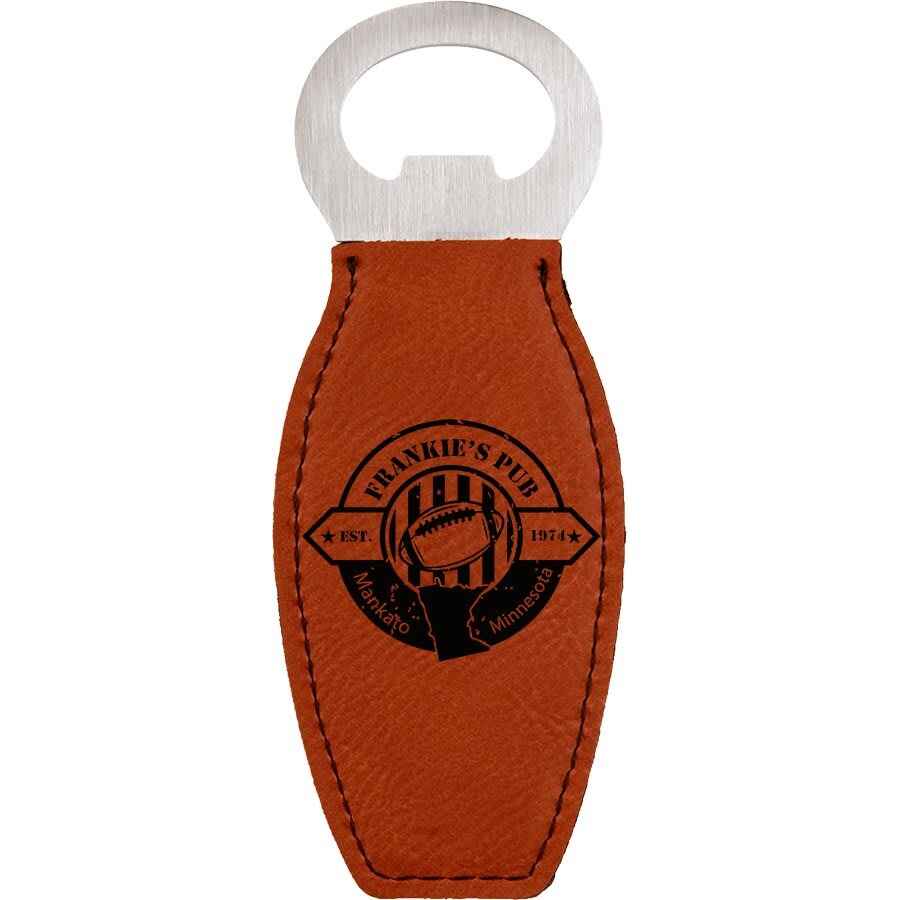 Bottle Opener Leatherette w/Magnet Rawhide w/Black Engraving at Artisan Branding Company