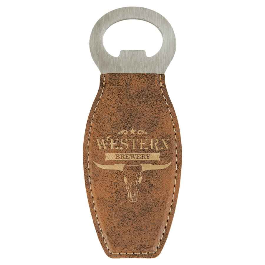 Bottle Opener Leatherette w/Magnet Rustic w/Gold Engraving at Artisan Branding Company