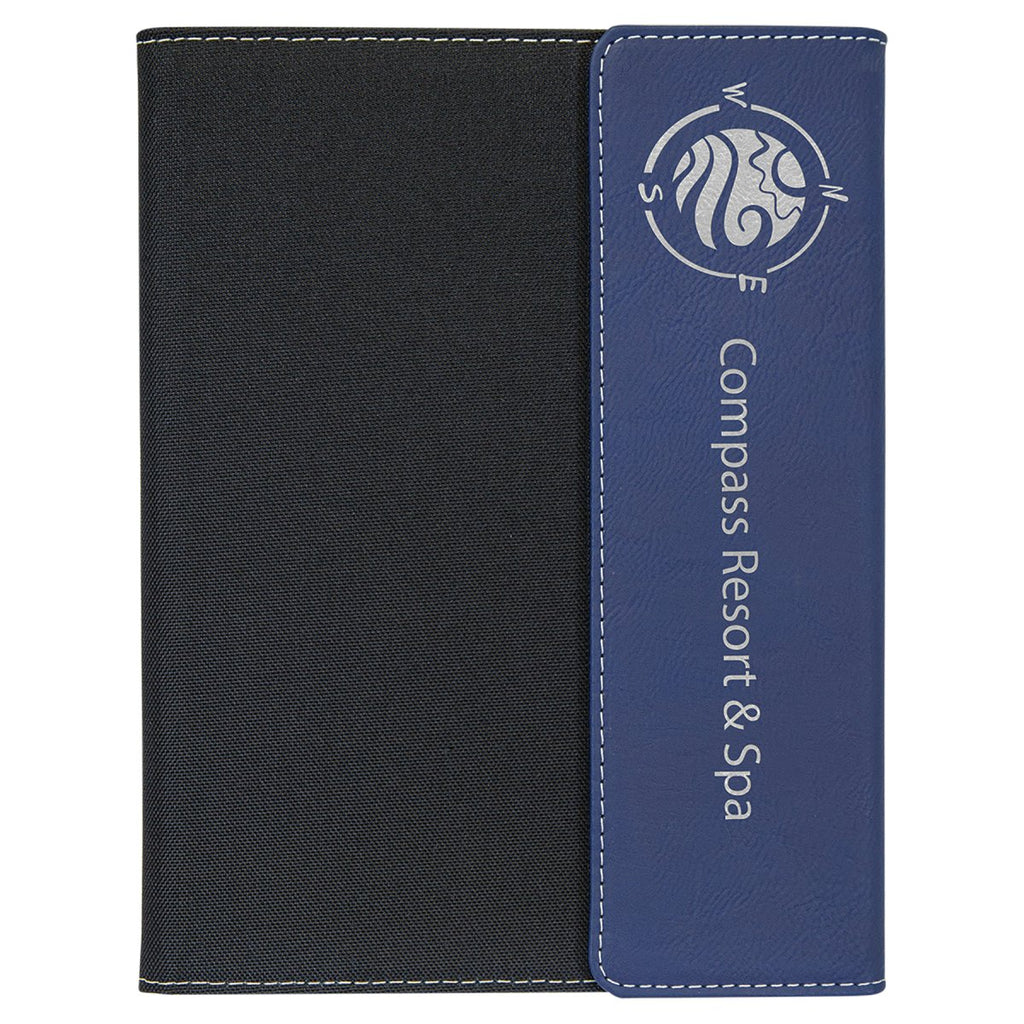 Canvas & Leatherette Portfolio w/Notepad 7"x9" Black & Blue w/Silver Engraving at Artisan Branding Company