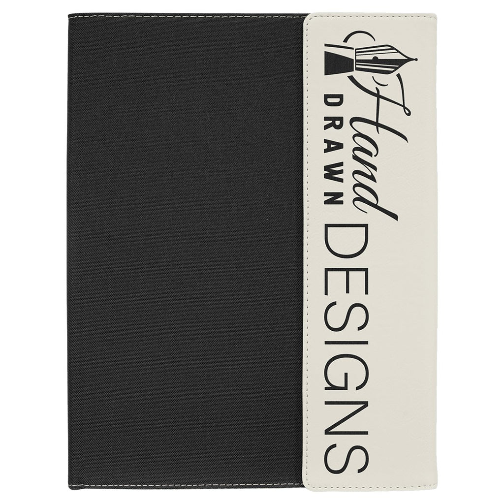 Canvas & Leatherette Portfolio w/Notepad 9 1/2"x12" Black & White w/Black Engraving at Artisan Branding Company