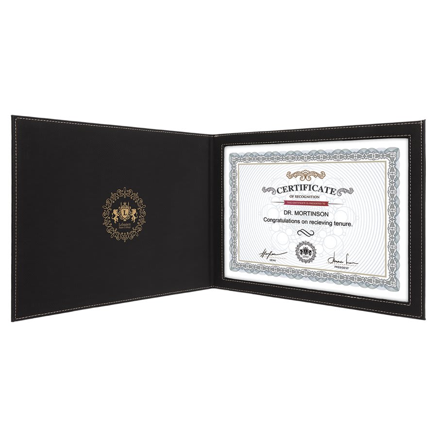 Certificate Holder Leatherette 9" x 12" Black w/Gold Engraving at Artisan Branding Company