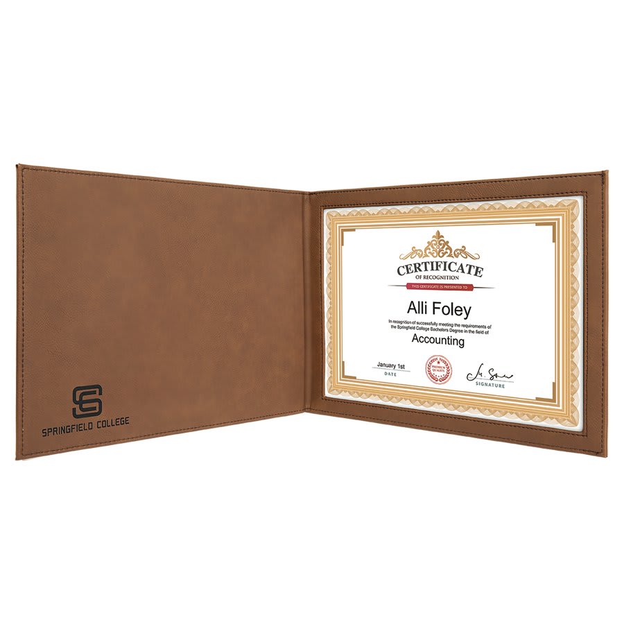 Certificate Holder Leatherette 9" x 12" Dark Brown w/Black Engraving at Artisan Branding Company