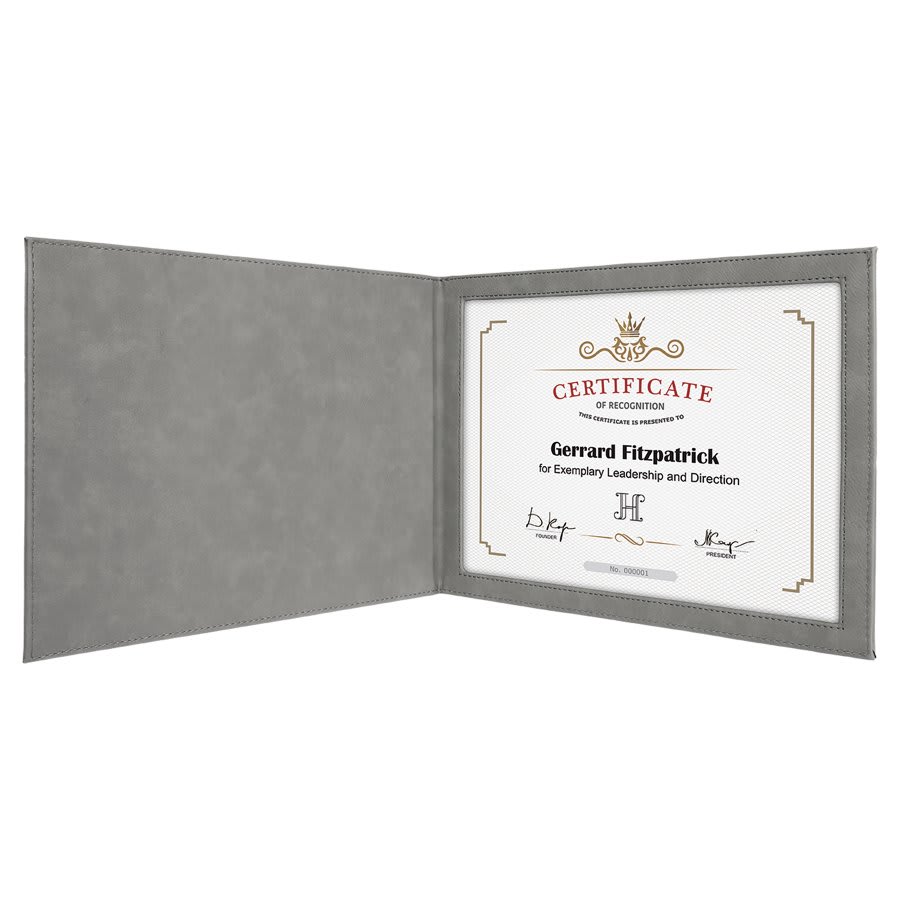 Certificate Holder Leatherette 9" x 12" Gray w/Black Engraving at Artisan Branding Company