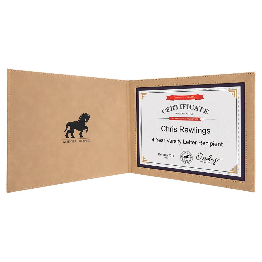 Certificate Holder Leatherette 9" x 12" Light Brown w/Black Engraving at Artisan Branding Company