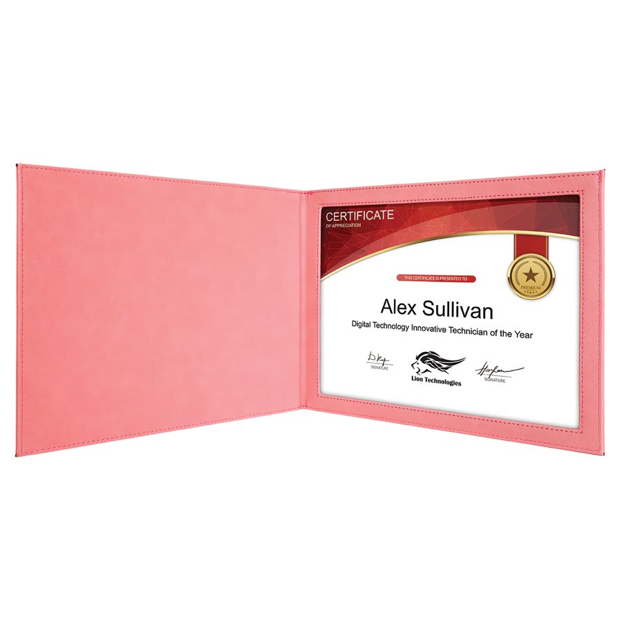 Certificate Holder Leatherette 9" x 12" Pink w/Black Engraving at Artisan Branding Company