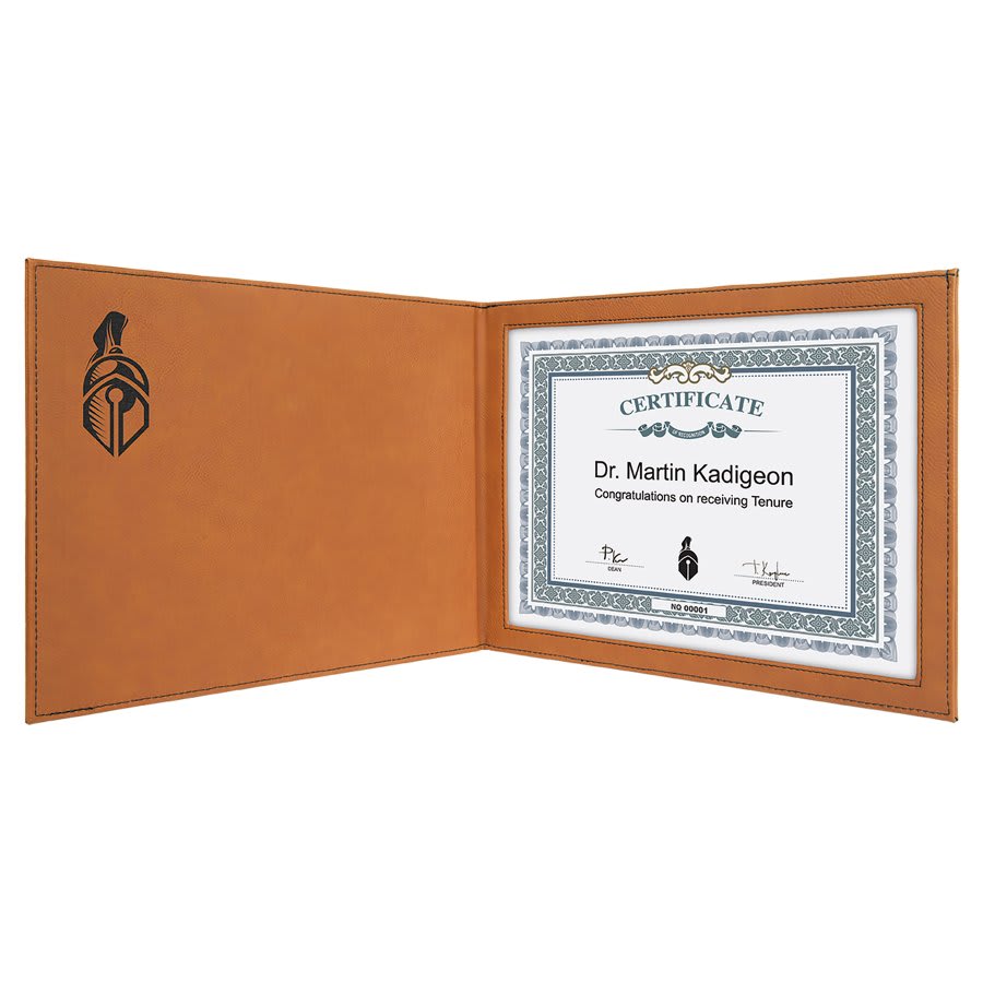 Certificate Holder Leatherette 9" x 12" Rawhide w/Black Engraving at Artisan Branding Company