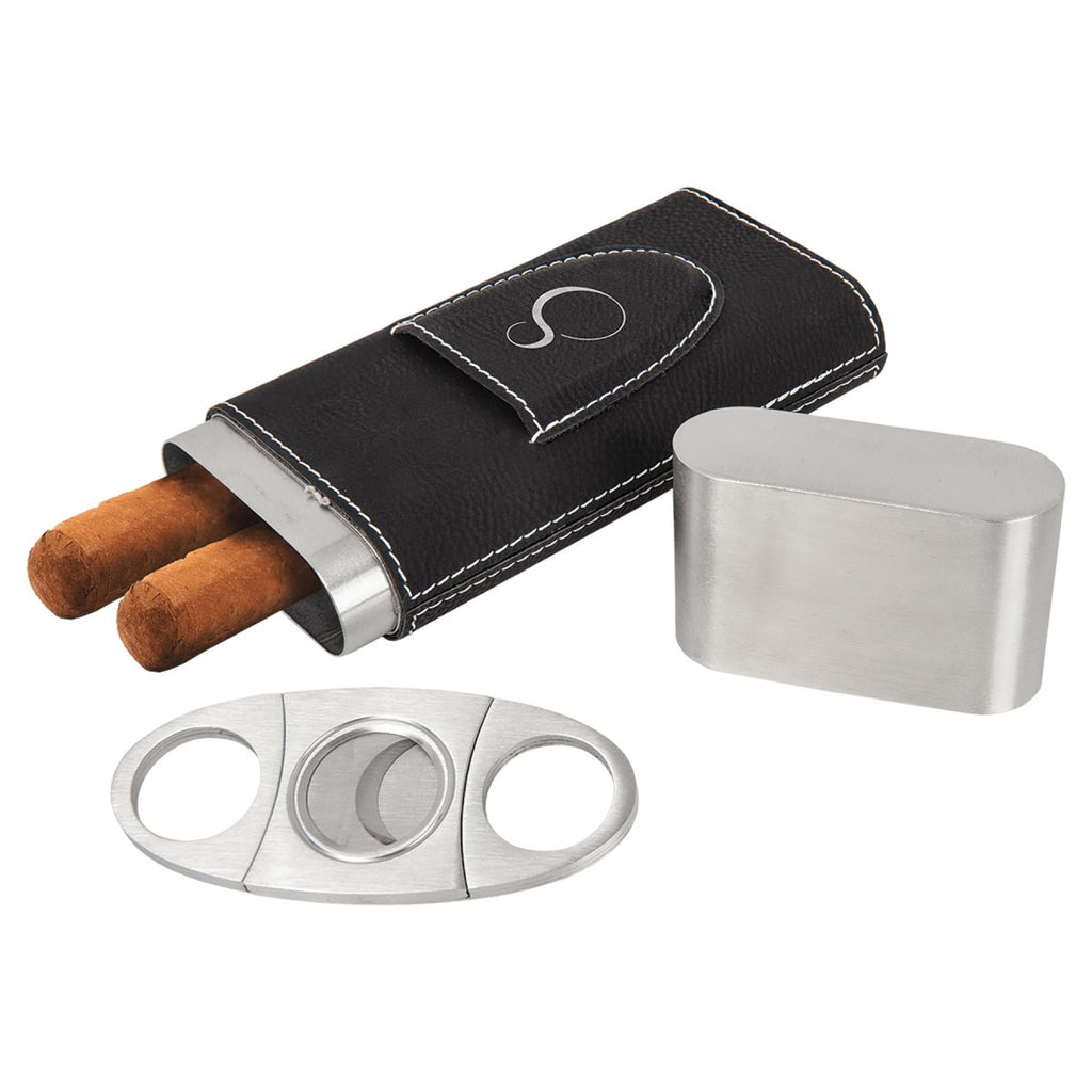 Cigar Case w/Cutter Leatherette Black w/Silver Engraving at Artisan Branding Company