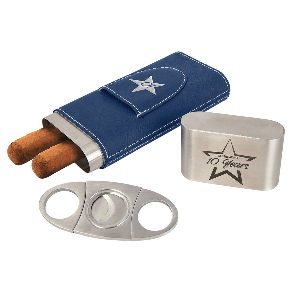 Cigar Case w/Cutter Leatherette Blue w/Silver Engraving at Artisan Branding Company