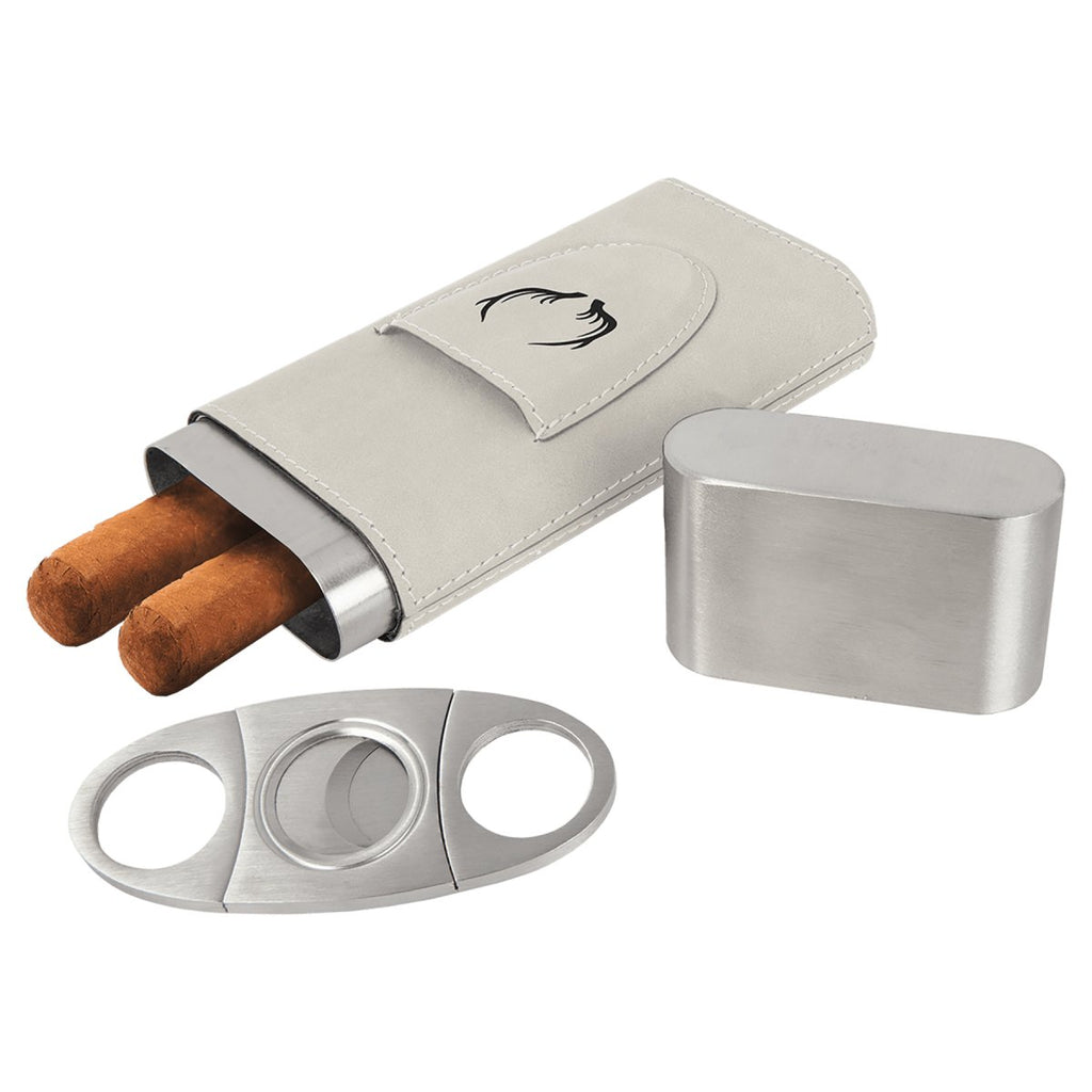 Cigar Case w/Cutter Leatherette White w/Black Engraving at Artisan Branding Company