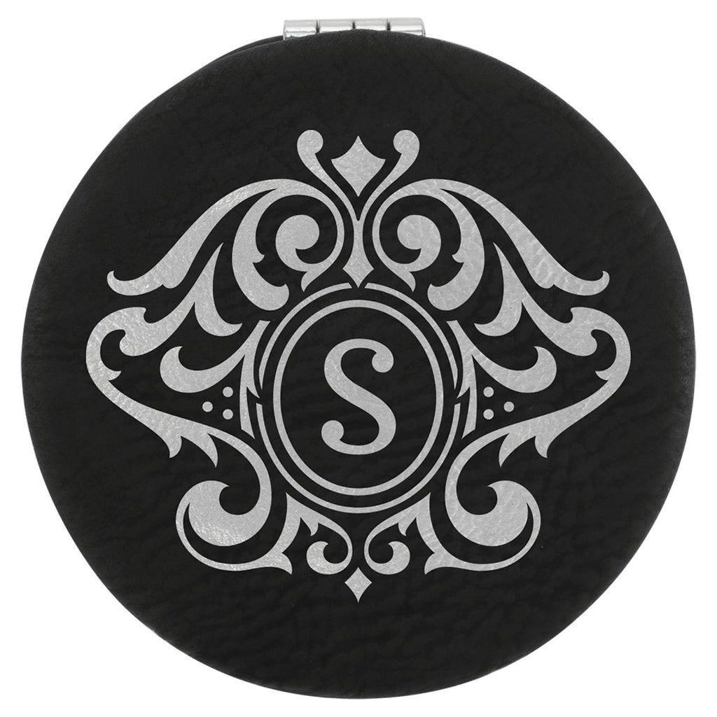 Compact Mirror Leatherette 2 1/2" Black w/Silver Engraving at Artisan Branding Company