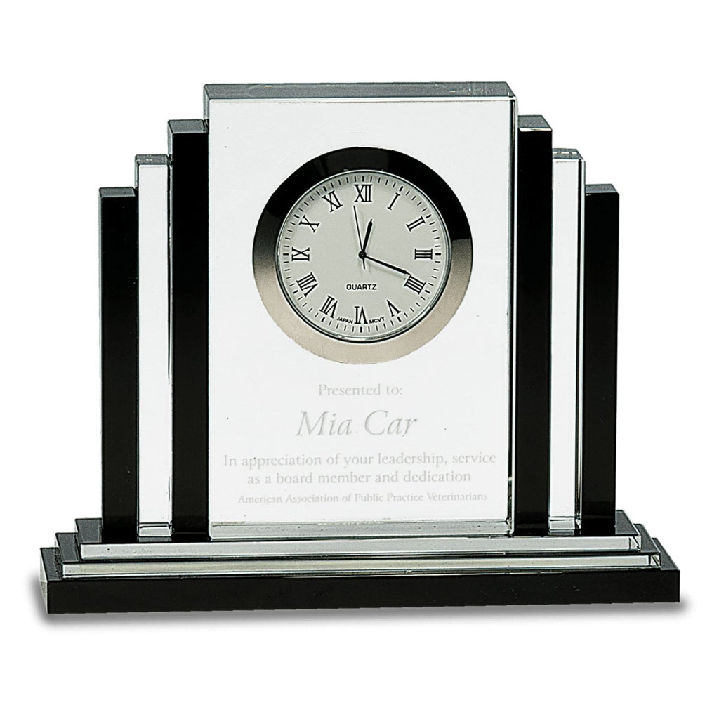 Crystal Step Clock Clear and Black 6" at Artisan Branding Company
