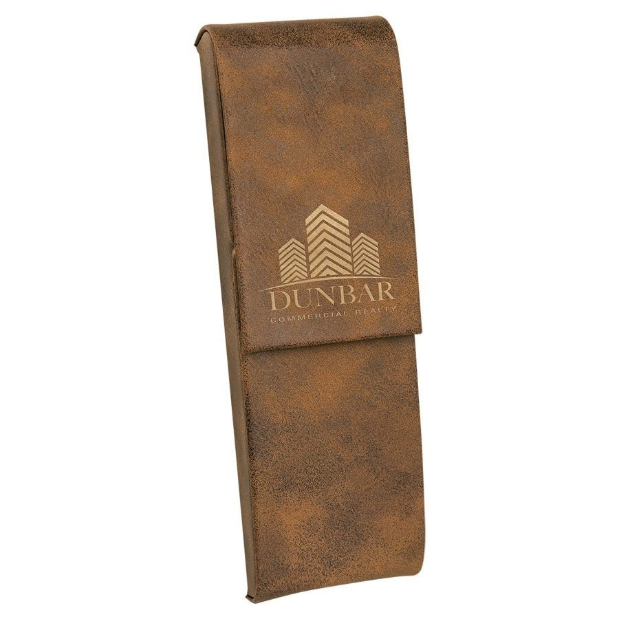 Double Pen Case with Flap Leatherette Rustic w/Gold Engraving at Artisan Branding Company