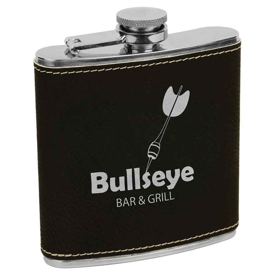 Flask Leatherette Stainless Steel 6oz Black w/Silver Engraving at Artisan Branding Company