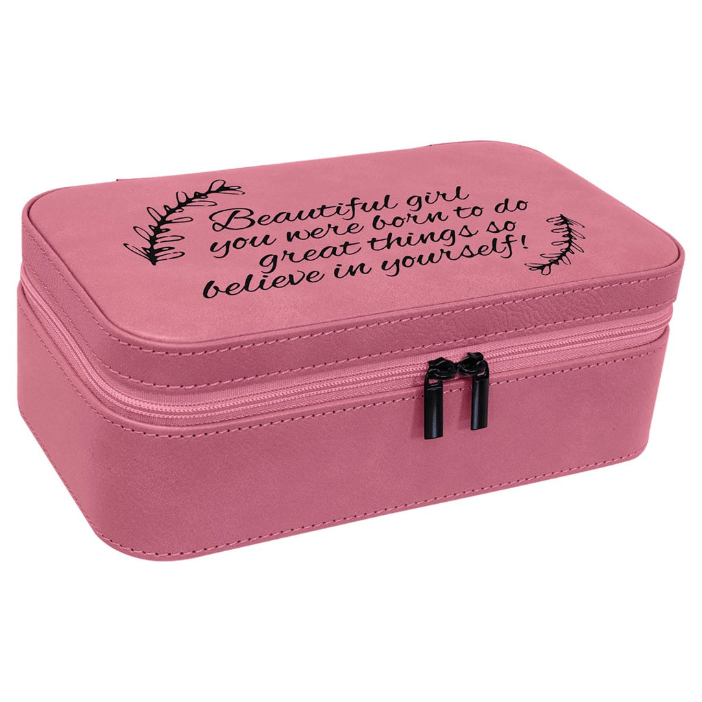 Jewelry Box 7 1/2" X 4 1/2" -Leatherette Pink w/Black Engraving at Artisan Branding Company