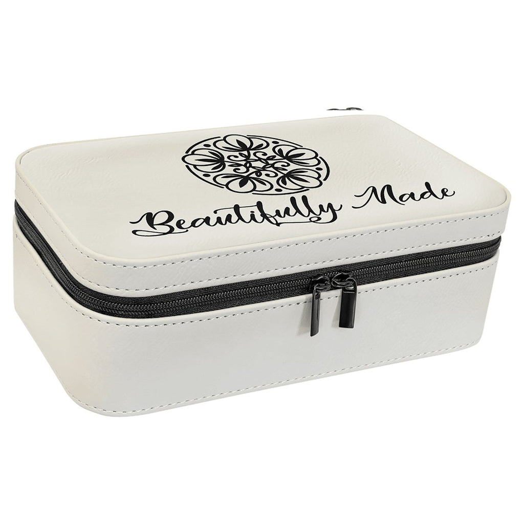 Jewelry Box 7 1/2" X 4 1/2" -Leatherette White w/Black Engraving at Artisan Branding Company